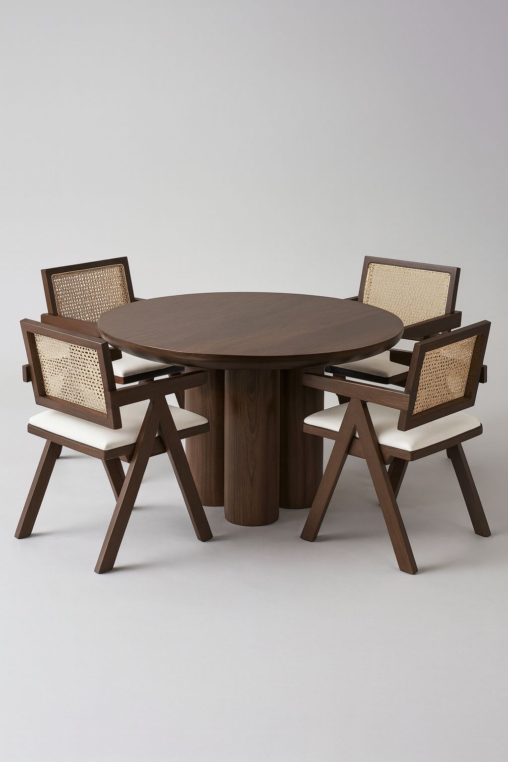 Runder Esstisch mit 4 Stühlen aus Holz & Rattan – Modernes Esszimmer-Set