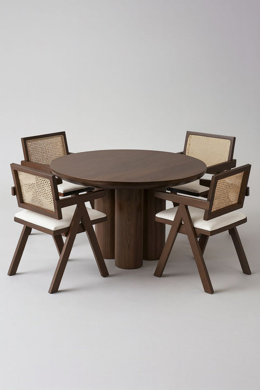 Runder Esstisch mit 4 Stühlen aus Holz & Rattan – Modernes Esszimmer-Set